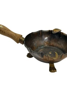 Antique 1920s Hammered Copper Ashtray Lion Claw Foot and Wooden Handle - India